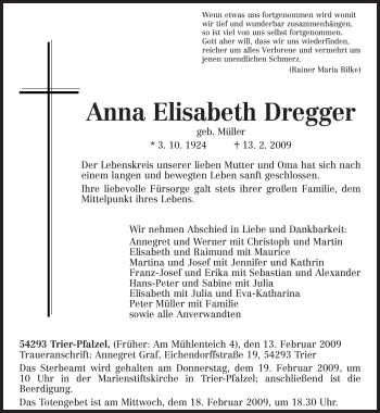 Traueranzeige von Anna Elisabeth Dregger von TRIERISCHER VOLKSFREUND