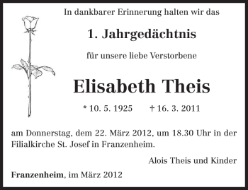 Traueranzeige von Elisabeth Theis von TRIERISCHER VOLKSFREUND