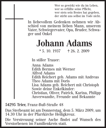 Traueranzeige von Johann Adams von TRIERISCHER VOLKSFREUND