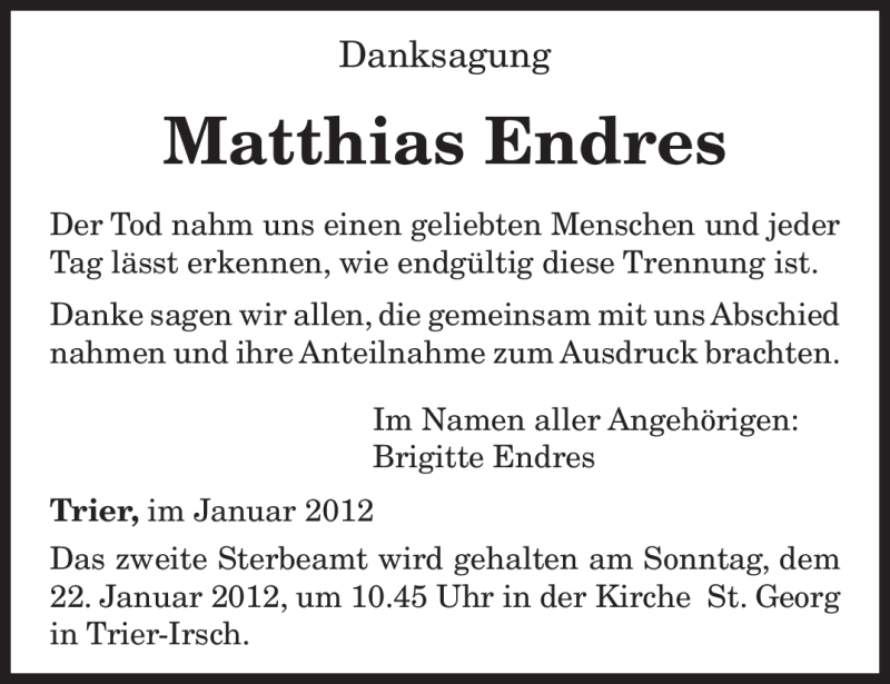 Traueranzeigen Von Matthias Endres 