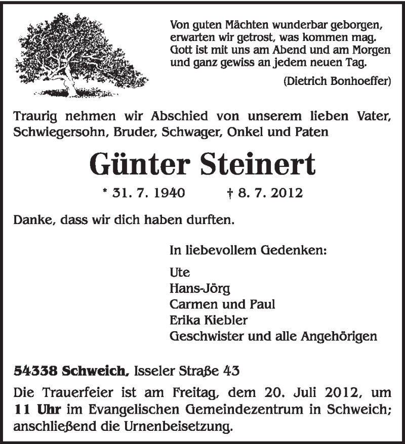  Traueranzeige für Günter Steinert vom 16.07.2012 aus TRIERISCHER VOLKSFREUND