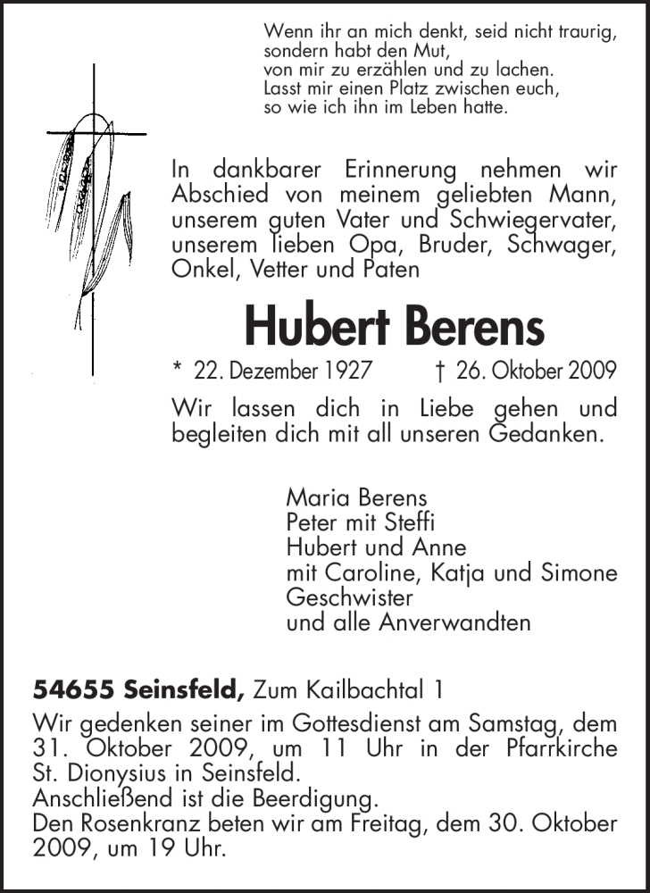 Traueranzeige für Hubert Berens vom 29.10.2009 aus TRIERISCHER VOLKSFREUND