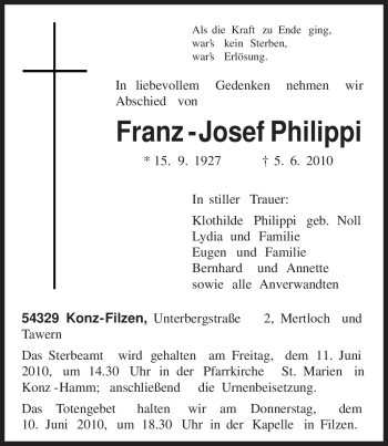 Traueranzeige von Franz - Josef Philippi von TRIERISCHER VOLKSFREUND