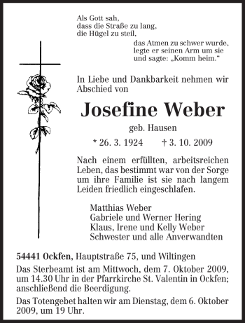 Traueranzeige von Josefine Weber von TRIERISCHER VOLKSFREUND