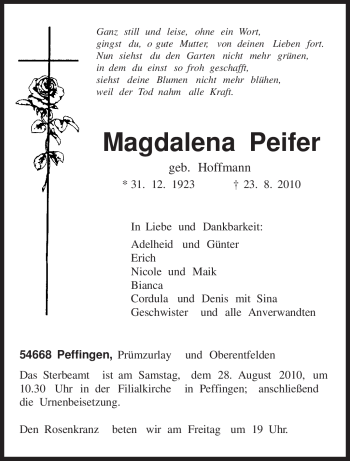 Traueranzeige von Magdalena Peifer von TRIERISCHER VOLKSFREUND