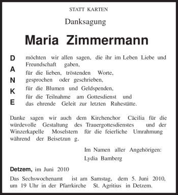 Traueranzeige von Maria Zimmermann von TRIERISCHER VOLKSFREUND