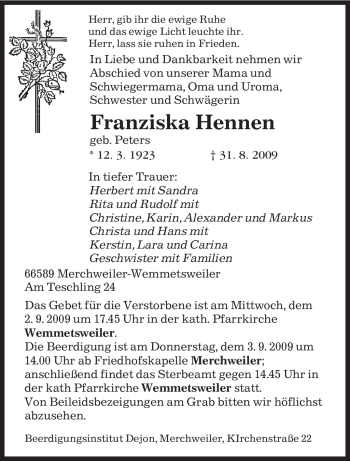 Traueranzeige von Franziska Hennen von TRIERISCHER VOLKSFREUND