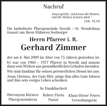 Traueranzeige von Gerhard Zimmer von TRIERISCHER VOLKSFREUND