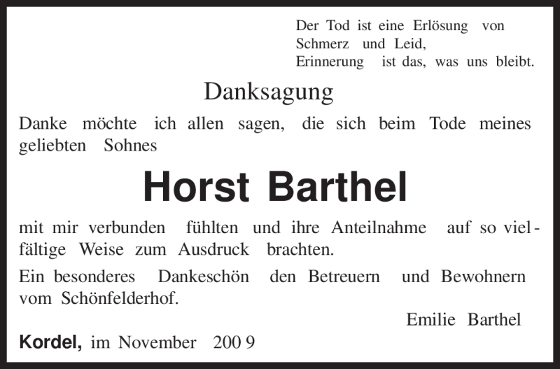 Traueranzeige für Horst Barthel vom 21.11.2009 aus TRIERISCHER VOLKSFREUND