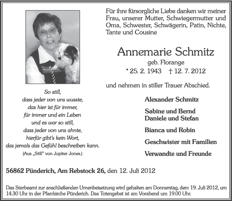 Traueranzeige für Annemarie Schmitz vom 16.07.2012 aus TRIERISCHER VOLKSFREUND