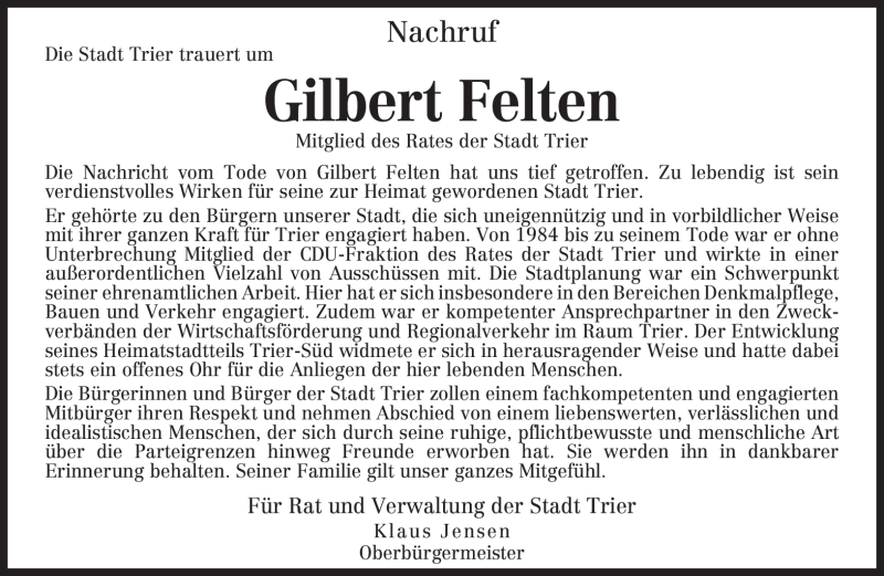 Traueranzeige für Gilbert Felten vom 01.10.2008 aus TRIERISCHER VOLKSFREUND