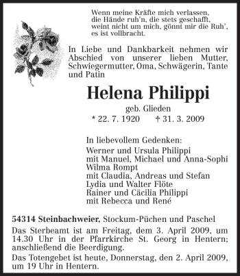 Traueranzeige von Helena Philippi von TRIERISCHER VOLKSFREUND