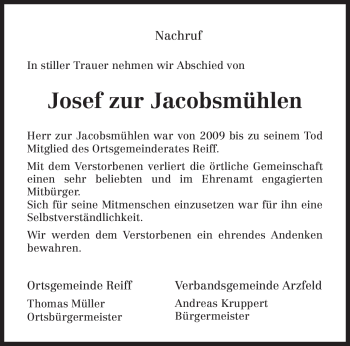 Traueranzeige von Josef zur Jacobsmühlen von TRIERISCHER VOLKSFREUND