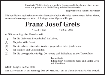 Traueranzeige von Franz Josef Greis von TRIERISCHER VOLKSFREUND