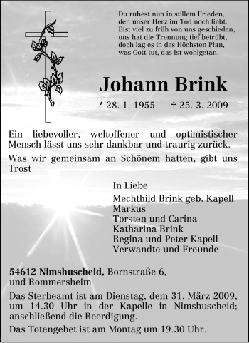 Traueranzeige von Johann Brink von TRIERISCHER VOLKSFREUND