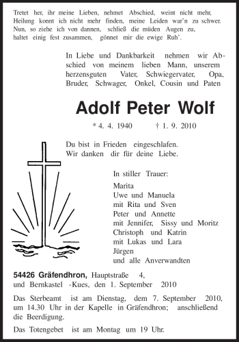 Traueranzeige von Adolf Peter Wolf von TRIERISCHER VOLKSFREUND