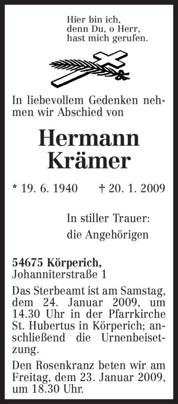 Traueranzeige von Hermann Krämer von TRIERISCHER VOLKSFREUND