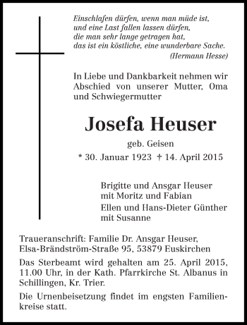 Traueranzeige von Josefa Heuser von trierischer_volksfreund
