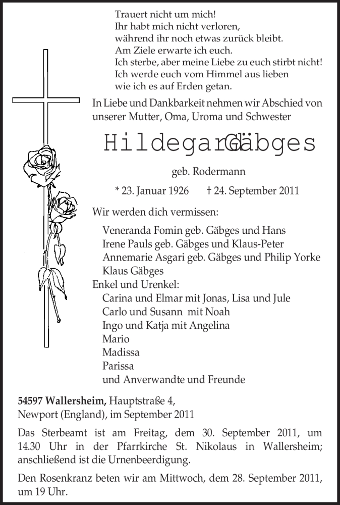  Traueranzeige für Hildegard Gäbges vom 27.09.2011 aus TRIERISCHER VOLKSFREUND