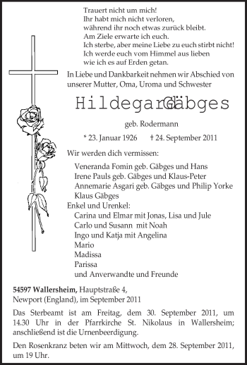 Traueranzeige von Hildegard Gäbges von TRIERISCHER VOLKSFREUND