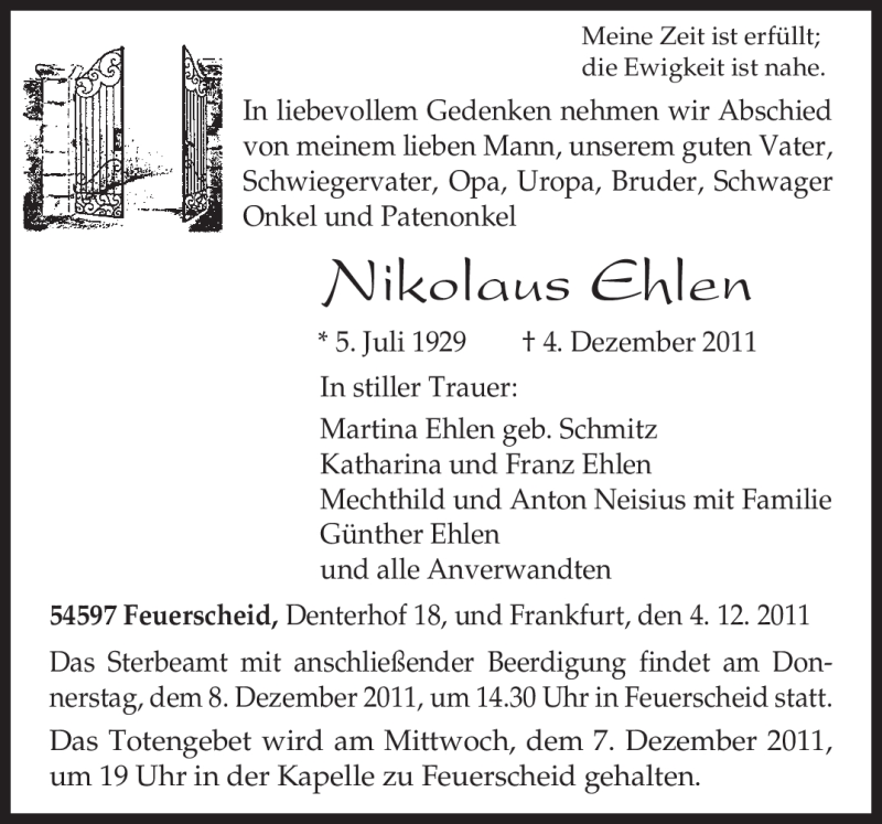  Traueranzeige für Nikolaus Ehlen vom 06.12.2011 aus TRIERISCHER VOLKSFREUND