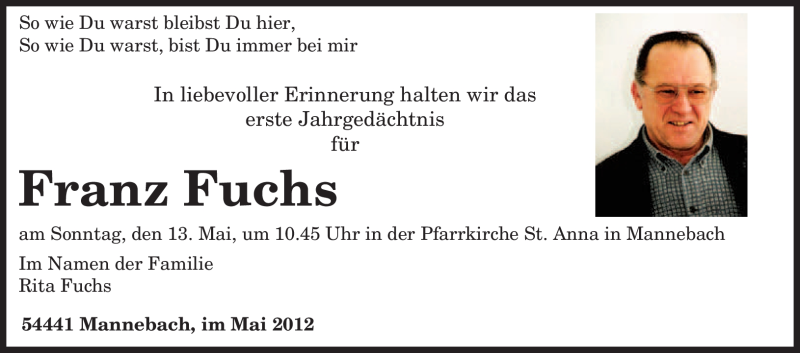  Traueranzeige für Franz Fuchs vom 10.05.2012 aus TRIERISCHER VOLKSFREUND