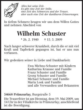 Traueranzeige von Wilhelm Schuster von TRIERISCHER VOLKSFREUND