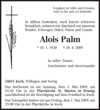 Traueranzeige von Alois Palm von TRIERISCHER VOLKSFREUND