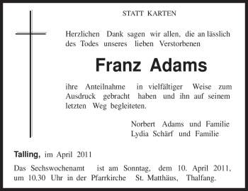 Traueranzeige von Franz Adams von TRIERISCHER VOLKSFREUND