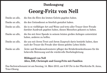 Traueranzeige von Georg-Fritz von Nell von TRIERISCHER VOLKSFREUND