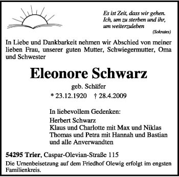 Traueranzeige von Eleonore Schwarz von TRIERISCHER VOLKSFREUND