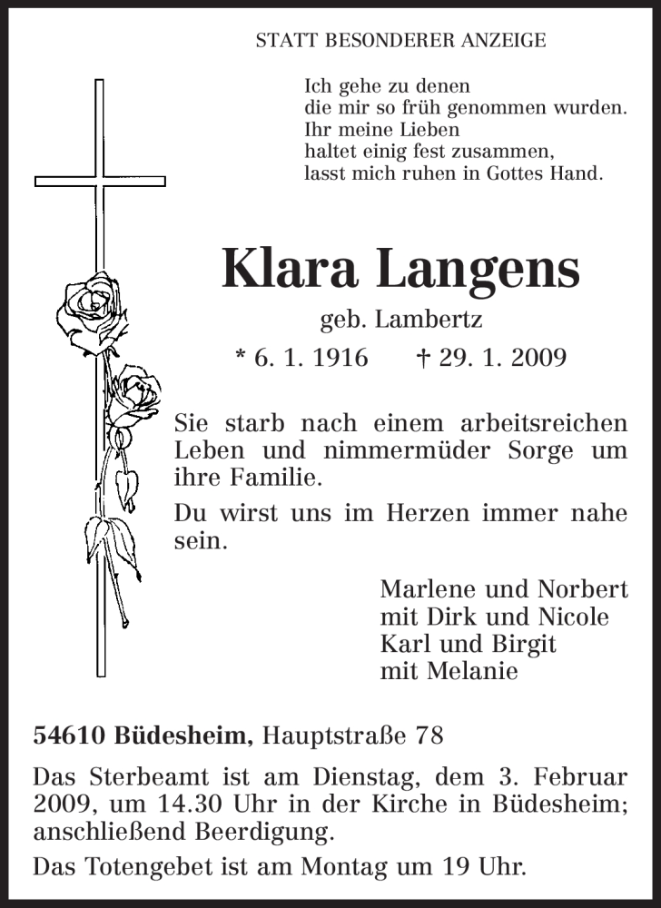  Traueranzeige für Klara Langens vom 31.01.2009 aus TRIERISCHER VOLKSFREUND