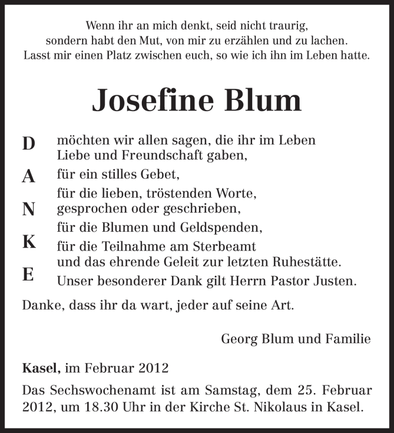  Traueranzeige für Josefine Blum vom 23.02.2012 aus TRIERISCHER VOLKSFREUND