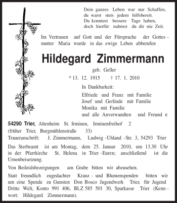 Traueranzeige von Hildegard Zimmermann von TRIERISCHER VOLKSFREUND