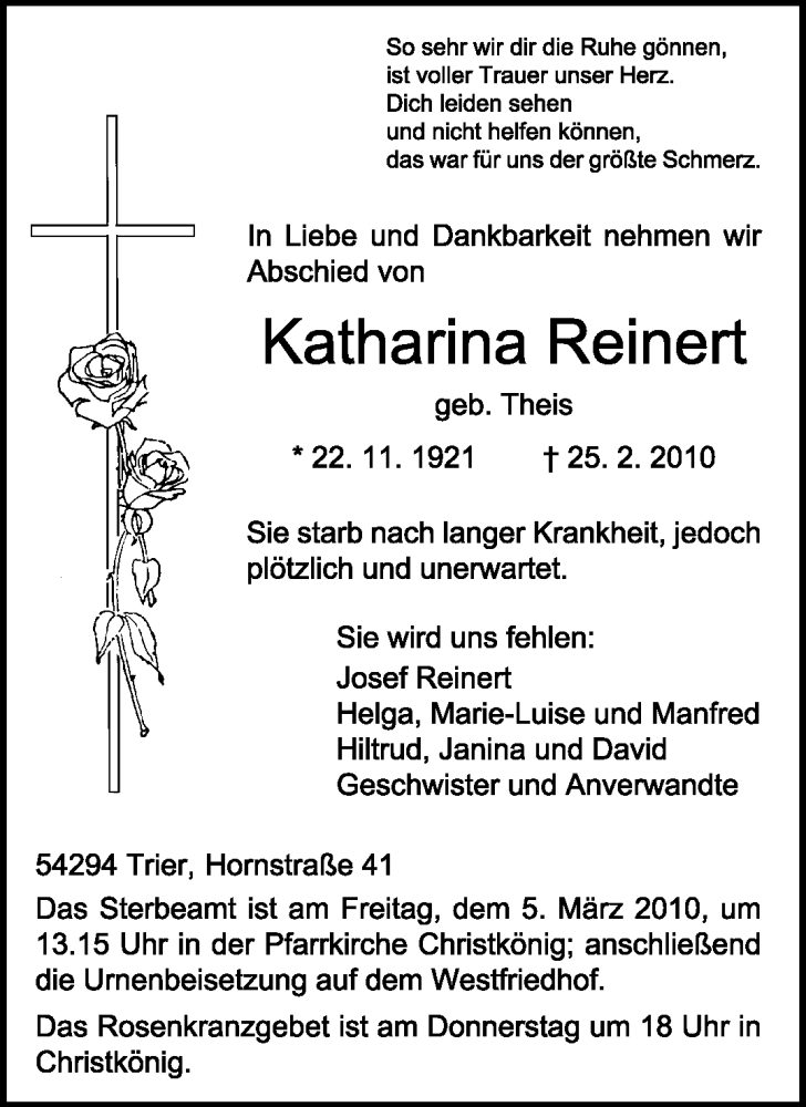  Traueranzeige für Katharina Reinert vom 02.03.2010 aus TRIERISCHER VOLKSFREUND