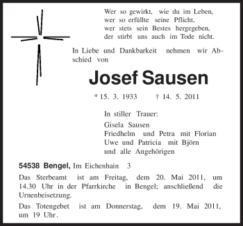 Traueranzeige von Josef Sausen von TRIERISCHER VOLKSFREUND