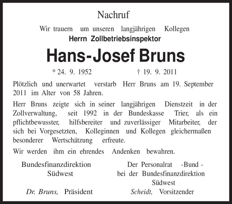  Traueranzeige für Hans - Josef Bruns vom 21.09.2011 aus TRIERISCHER VOLKSFREUND