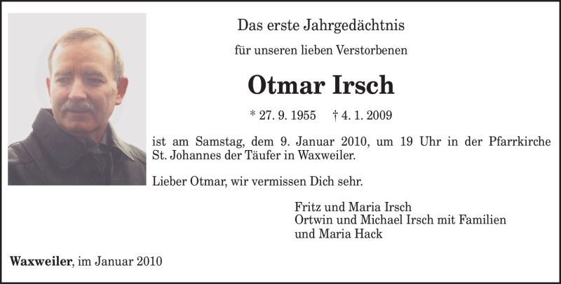  Traueranzeige für Otmar Irsch vom 04.01.2010 aus TRIERISCHER VOLKSFREUND