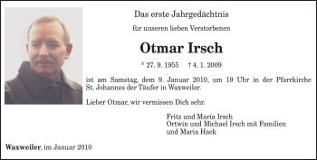 Traueranzeige von Otmar Irsch von TRIERISCHER VOLKSFREUND