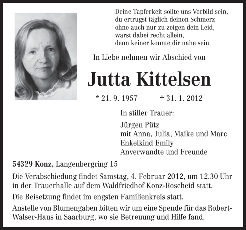  Traueranzeige für Jutta Kittelsen vom 02.02.2012 aus TRIERISCHER VOLKSFREUND