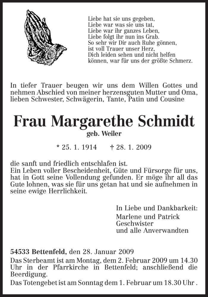  Traueranzeige für Margarethe Schmidt vom 31.01.2009 aus TRIERISCHER VOLKSFREUND