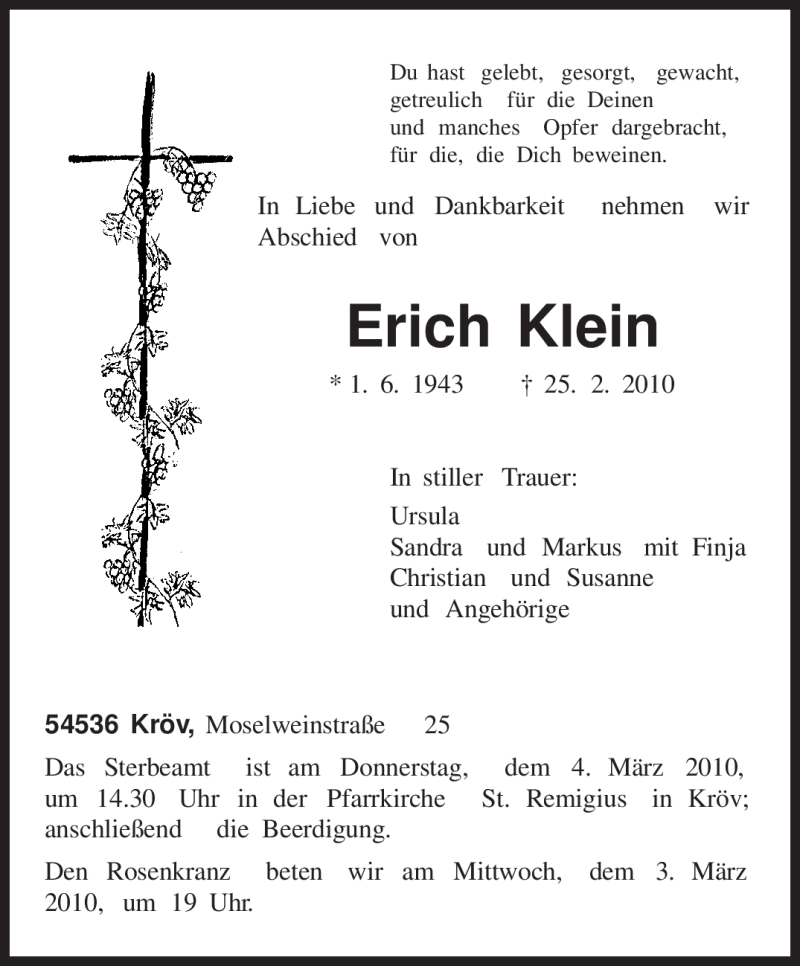  Traueranzeige für Erich Klein vom 02.03.2010 aus TRIERISCHER VOLKSFREUND