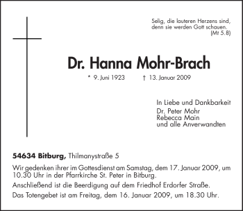 Traueranzeige von Hanna Mohr-Brach von TRIERISCHER VOLKSFREUND