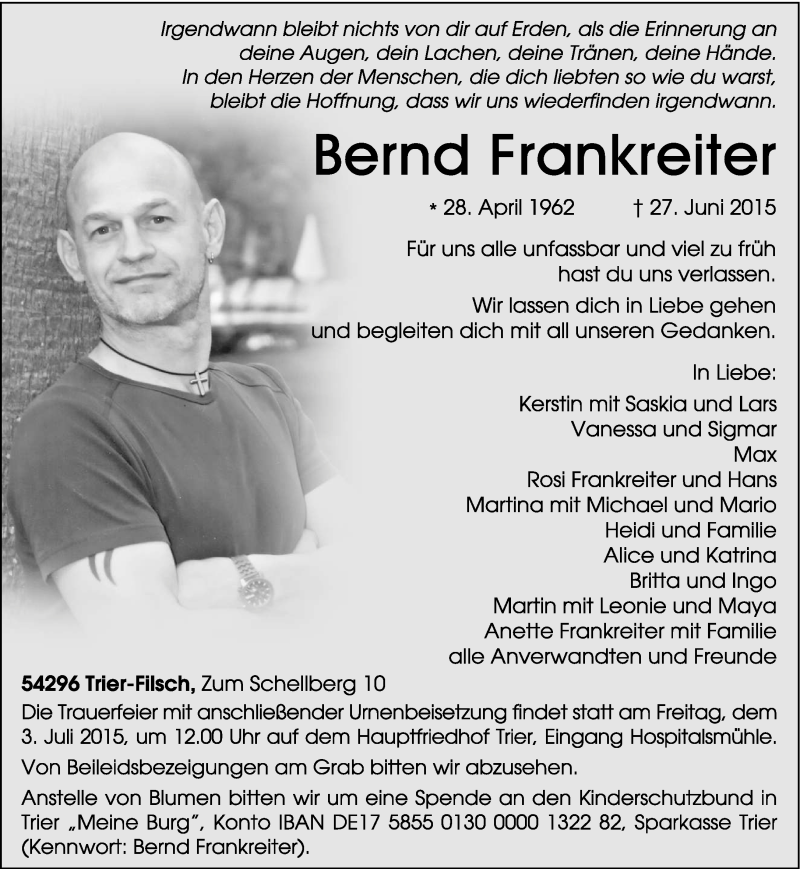  Traueranzeige für Bernd Frankreiter vom 01.07.2015 aus trierischer_volksfreund