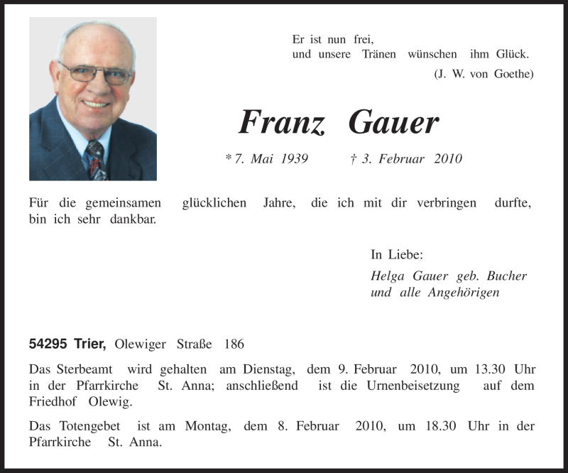  Traueranzeige für Franz Gauer vom 04.02.2010 aus TRIERISCHER VOLKSFREUND