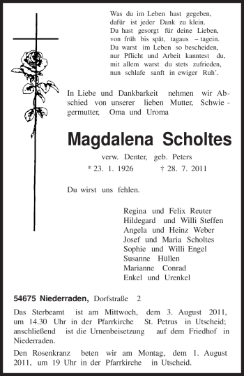 Traueranzeige von Magdalena Scholtes von TRIERISCHER VOLKSFREUND