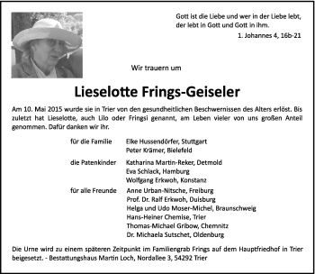 Traueranzeige von Lieselotte Frings-Geiseler von trierischer_volksfreund