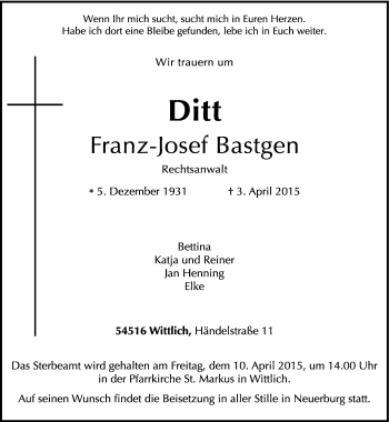 Traueranzeige von Franz-Josef Bastgen von trierischer_volksfreund