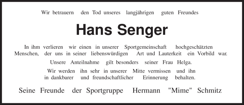  Traueranzeige für Hans Senger vom 29.09.2011 aus TRIERISCHER VOLKSFREUND