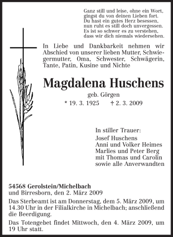 Traueranzeige von Magdalena Huschens von TRIERISCHER VOLKSFREUND